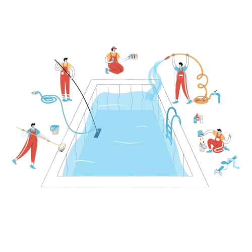 Pool service team cleaning and maintaining a swimming pool